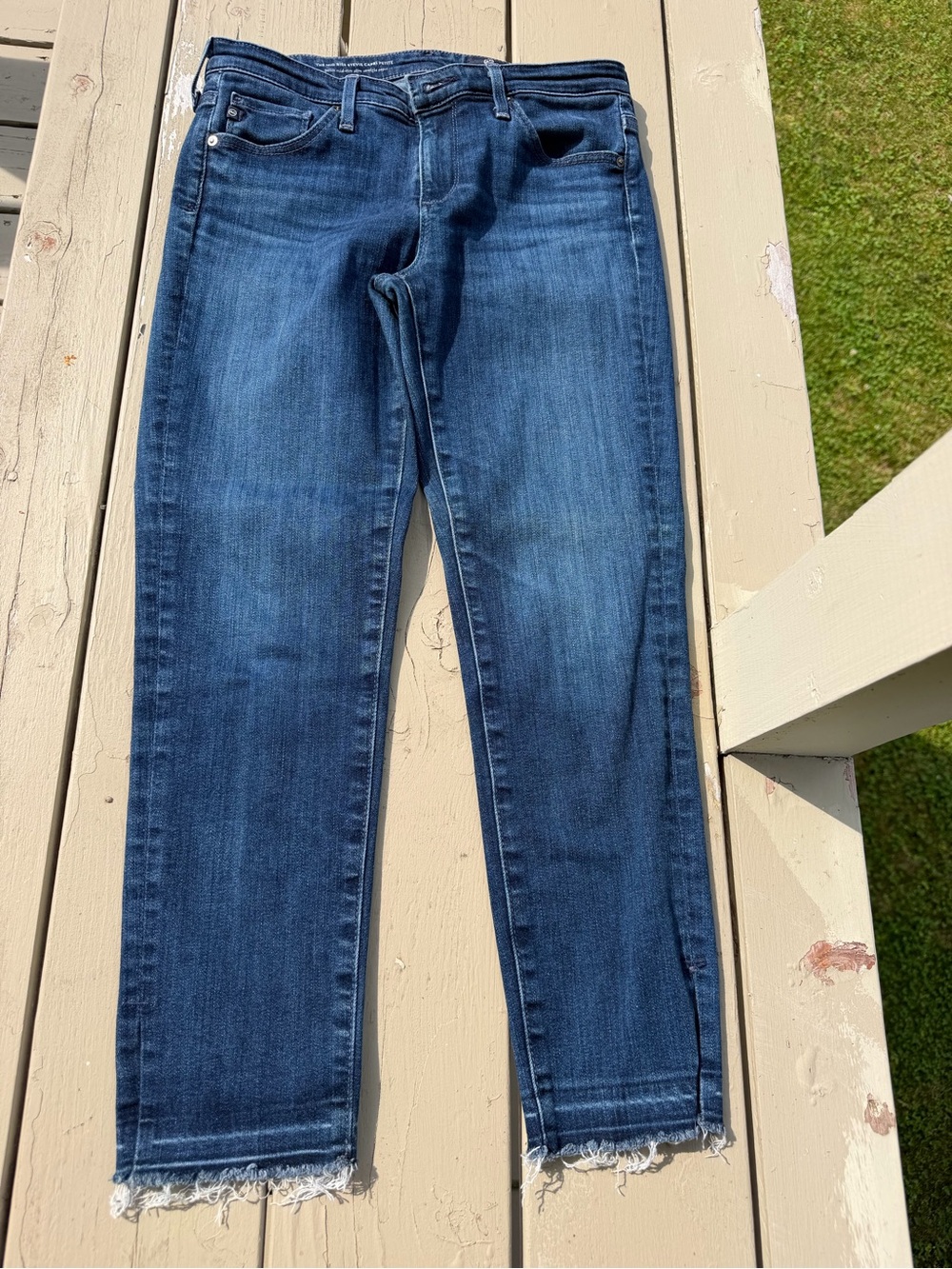 AG Adriano Goldschmied Dark Blue Cropped Frayed Hem Jeans